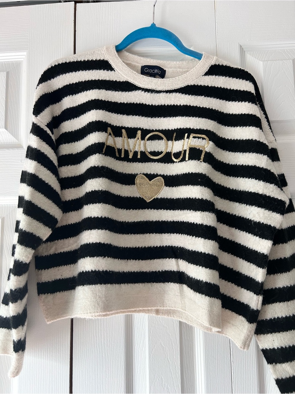Black & White Striped 'Amour' Sweater with Gold Heart